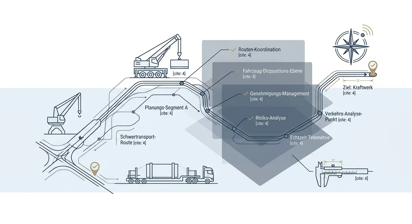 Schwertransport-Routenplanung mit Genehmigungs-Management, Risiko-Analyse und Echtzeit-Telemetrie